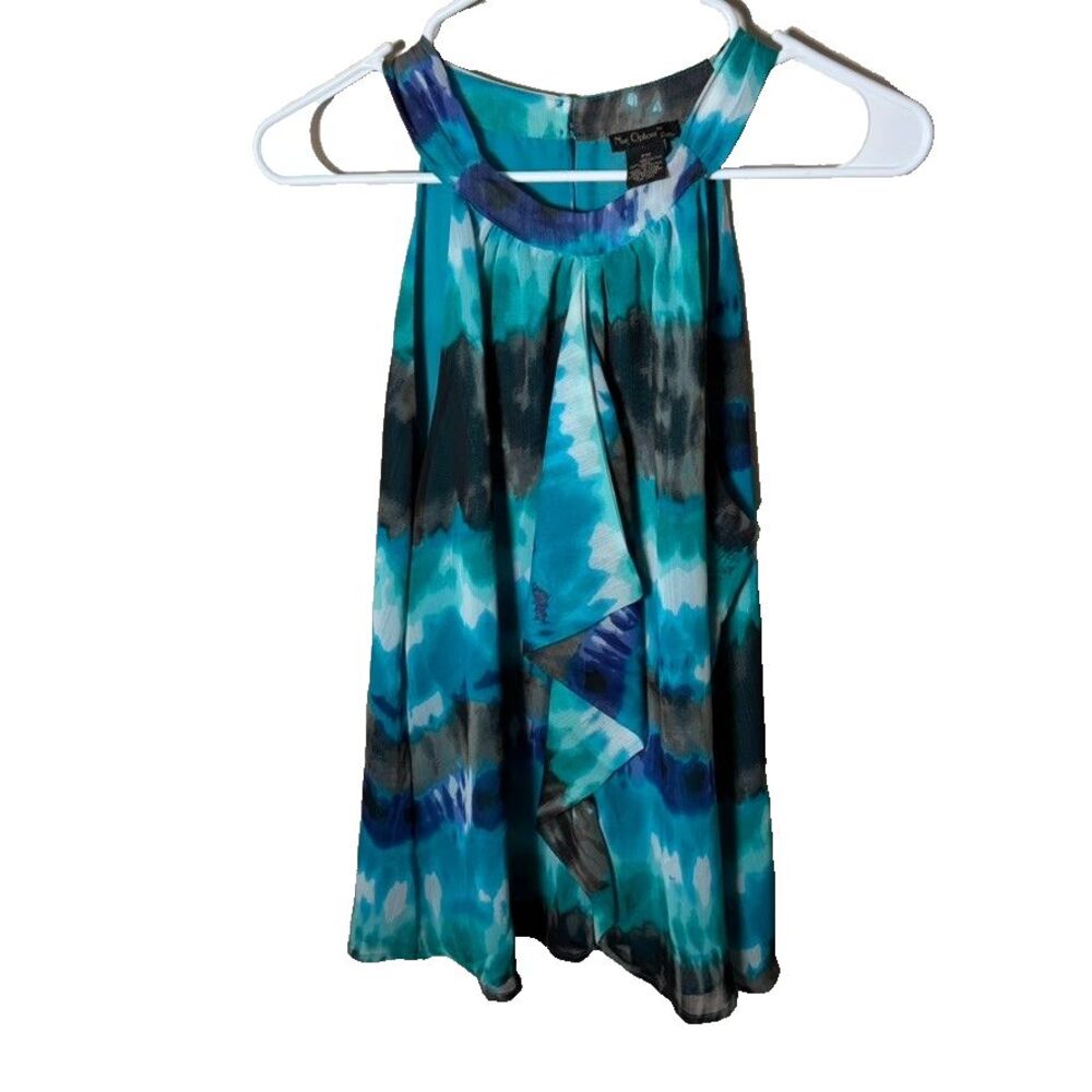 Nue Options Tank Top Women's Petite Medium Ruffle Tie Dye Blue Sleeveless